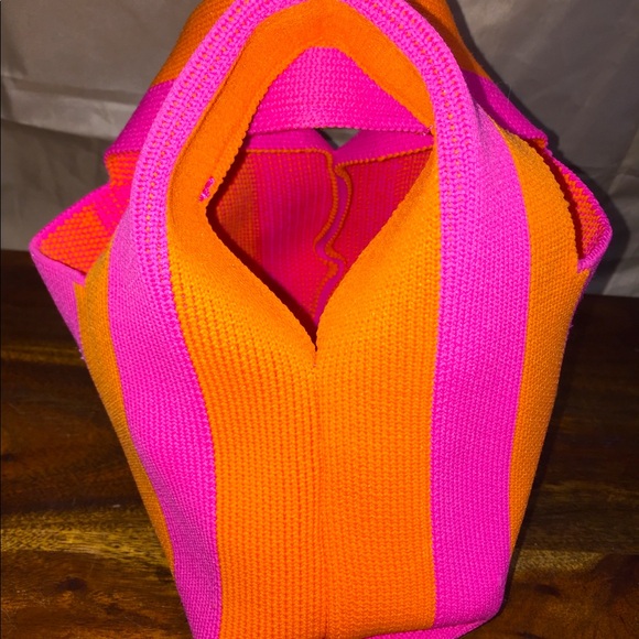 H&M Mini Striped Hobo Bag Neon Orange Pink Stretch - Picture 3 of 10